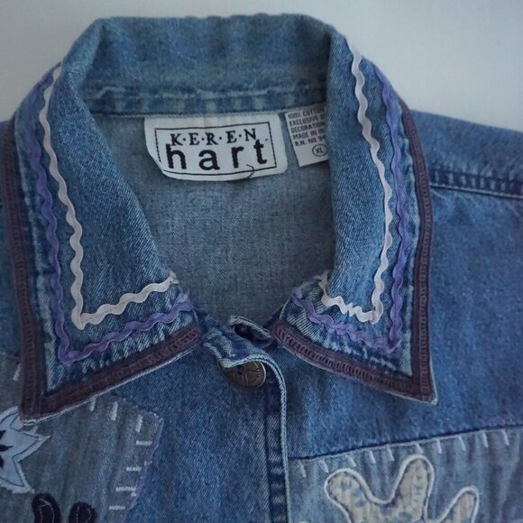 Vintage Keren Hart Blue Patchwork Button Up Lightweight Denim Jacket Xl - Picture 12 of 13